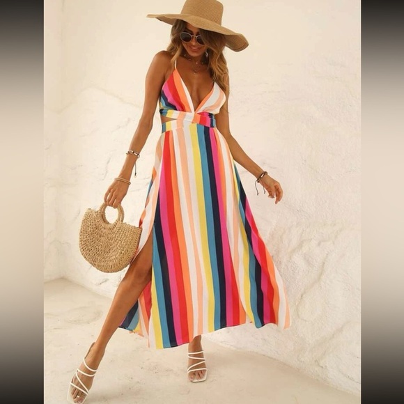 💛💕NWOT Vertical Striped Crisscross Tie Backless Split Thigh Cami Dress SZ S💛 - Picture 4 of 9